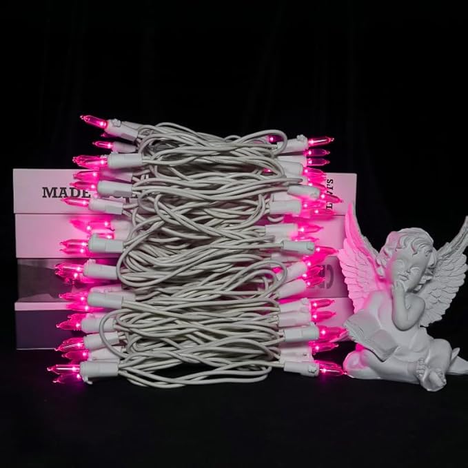 Pink LED Christmas Lights - 100 Count Pink Christmas String Lights for Tree, Party, Bedroom, Wedding, Indoor and Outdoor Valentines Day Decorations, 33 Feet White Wire, UL Certified, Connectable