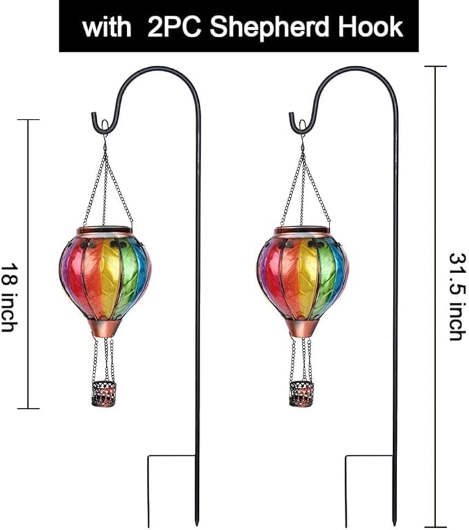 2PCS Solar Hot Air Balloon Lanterns with Flame with Shepherd's Hooks, Glass Hanging Flickering Lights Outdoor Waterproof for Garden Tree Yard Patio Mother's Day Gift, 18" H Colorful
