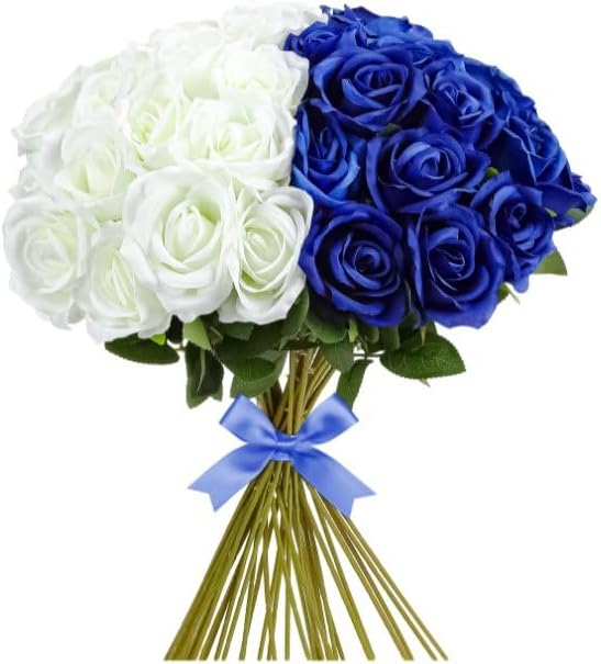 36 Pcs Silk Blue White Rose Bouquet Bridal Artificial Flowers,Fake Rose Long Stem Realistic Flowers Bulk for Wedding Bouquet Ball Arrangement Centerpiece Party Decor