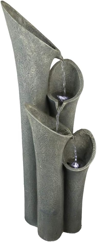 4-Tier Faux Stone LED Floor Fountain, 33.5 Inch Waterfall Outdoor Fountain LED Illuminated Water Feature for Patio Garden