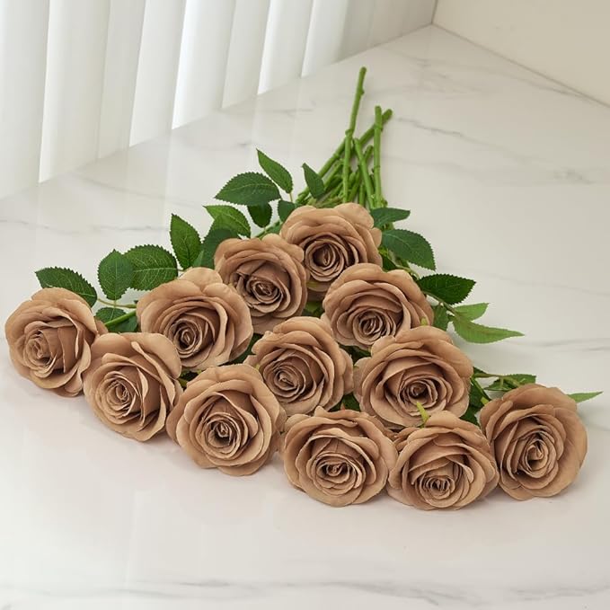 12pcs Coffee Roses Artificial Flowers Fake Roses Silk Flowers Roses with Long Stems for Wedding Home Party Centerpieces Decorations