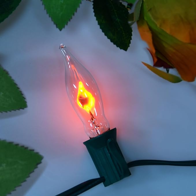 12.8Ft C7 Christmas Lights Flickering Flame String Lights with 12 Pack Clear Flame E12 Light Bulbs(2 Spare), Great for Christmas Decorations Indoor Outdoor Home Patio Party Lights, Green Wire