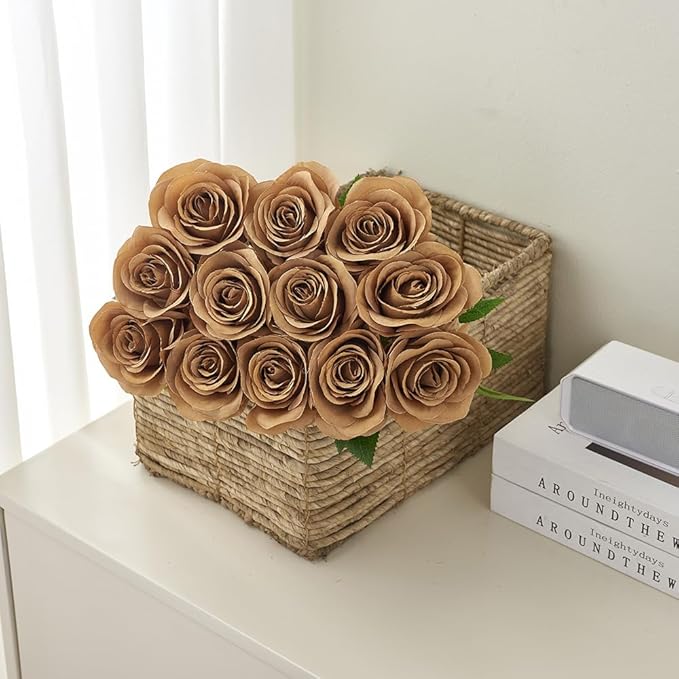 12pcs Coffee Roses Artificial Flowers Fake Roses Silk Flowers Roses with Long Stems for Wedding Home Party Centerpieces Decorations