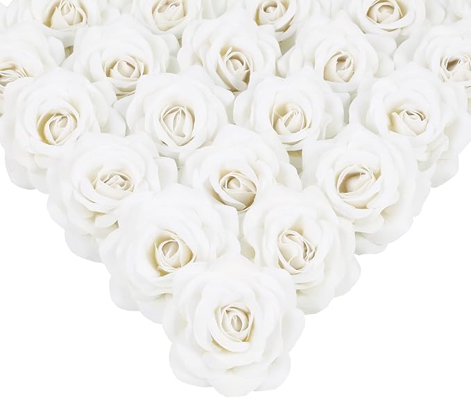 White Roses Artificial Flowers 25pcs Velvet Silk Rose Flowers Heads Fake Rose Flower Head with Stem for DIY Wedding Home Party Baby Shower Decor(White)