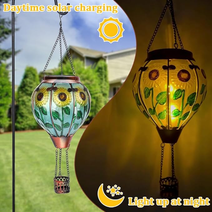 2PCS Solar Hot Air Balloon Lanterns with Flame with Shepherd's Hooks, Glass Hanging Flickering Lights Outdoor Waterproof for Garden Tree Yard Patio Mother's Day Gift, 18" H Sunflower
