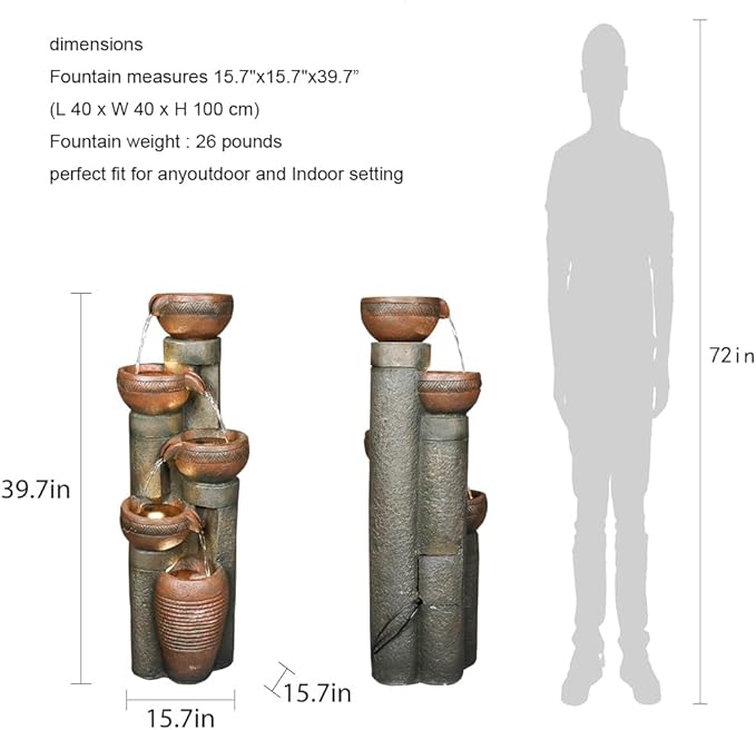 5 -Tier Outdoor Garden Water Fountain Decor, Resin Fountain for Garden, Floor Patio, Deck, Porch, Backyard and Home Art Decor (Brown, 39.7inch)