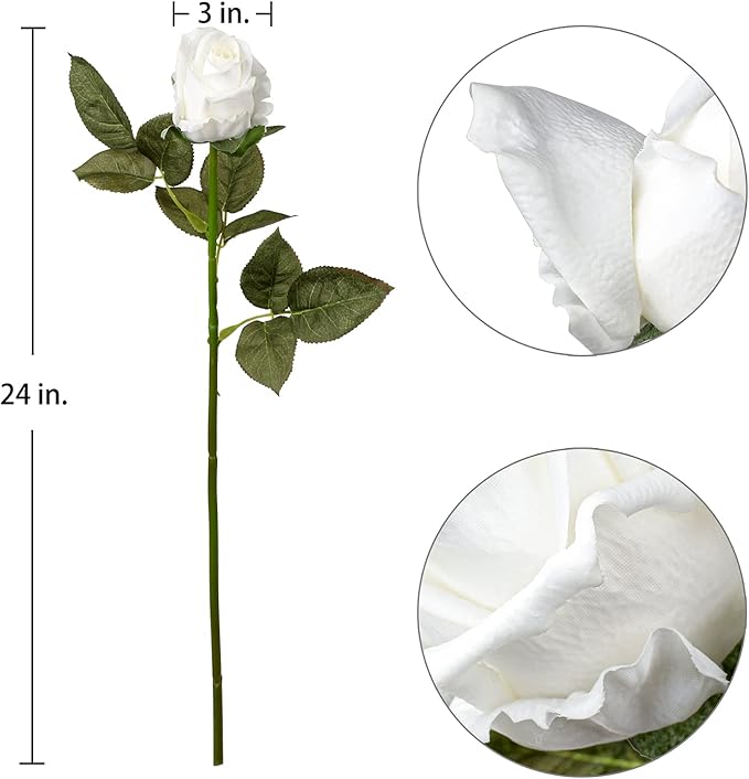 Artificial Realistic Roses White Flowers 24" Real Touch Silk Roses Bouquet Long Stems Rose Fake Roses Decor for Home Party Wedding Table Centerpieces Roses Realistic - 5 Pcs