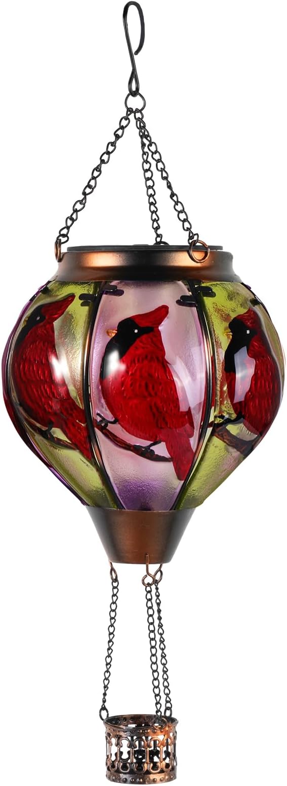 Cardinal Bird Hot Air Balloon Solar Lantern Lights, Solar Hot Air Balloon Flickering Flame Hanging Garden Light Candle LED Glass & Metal Outdoor Waterproof Lanterns Porch Yard Decor, Gift for Mom