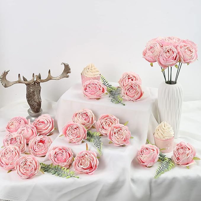 IPOPU Pink Artificial Flowers Rose Heads 25PCS Dried Pink Flowers Artificial Roses with Stems Fake Flowers for Bridal Shower Decorations Silk Flower Heads Bulk Arrangements (Pink)