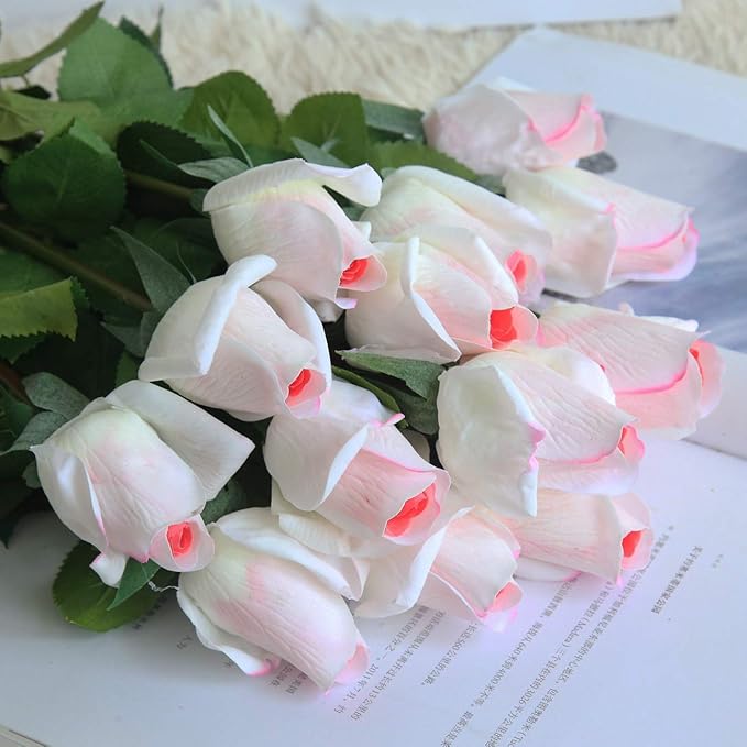 12pcs Real Look Artificial Rose Buds, 22 Inch Real Touch Silk Rosebud, Realistic Design Artificial Flower with Real Feel Petals,Silk Flower Bud for Wedding Home Décor,White with Pink Heart