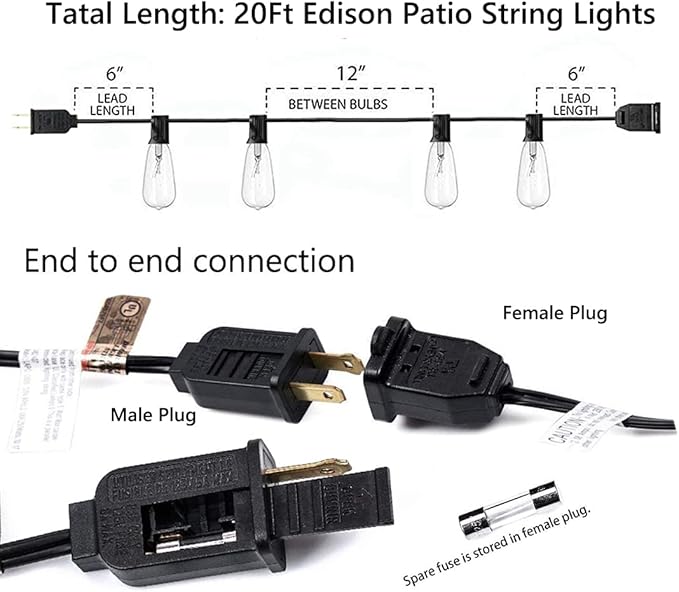 GOOTHY 20Ft Outdoor String Lights with 22 Edison Bulbs(2 Spare), 7W E17 Intremediate Base ST40 Vintage Outdoor Patio Lights Waterproof UL Listed for Bistro Garden Backyard Party Wedding Decor-Black