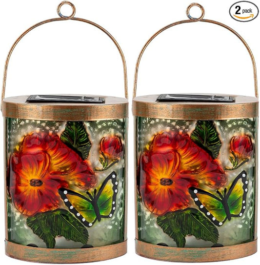 Starsoul 2 Pack Hanging Solar Lantern Outdoor Waterproof Glass Butterfly and Flowers Decorative Solar Lights for Outside Garden Yard Table Patio Decor