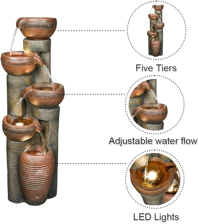 5 -Tier Outdoor Garden Water Fountain Decor, Resin Fountain for Garden, Floor Patio, Deck, Porch, Backyard and Home Art Decor (Brown, 39.7inch)