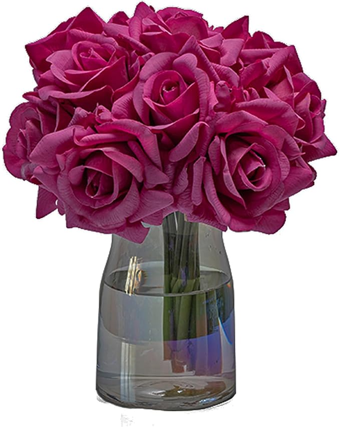 Artificial Roses Single Stem 10pcs Fake Silk Flower Arrangement Bouquet Real Touch for Home Party Wedding Decoration(Rose red)