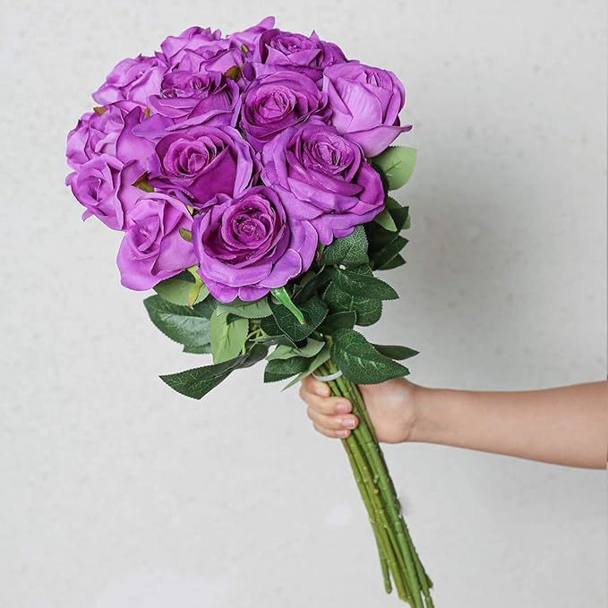 Hawesome 12PCS Artificial Silk Flowers Realistic Roses Bouquet Long Stem for Home Wedding Decoration Party (Purple 1)