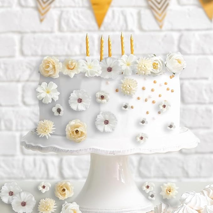 Faux Flower Heads Small Silk Artificial Flower DIY Fake Mini Flowers Rose Daisy Multicolor Flowers Craft Supplies for Wedding Party Wreath Graduation Season Party Home Decor (45, White)