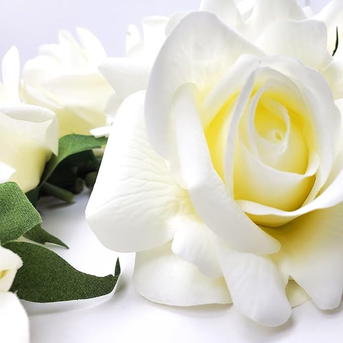 Artificial flower real touch roses feel and look realistic fake roses with short stems, suitable for gift, for wife girlfriend mom friends, Indoor home table,cake, hotel, car decoration (white)