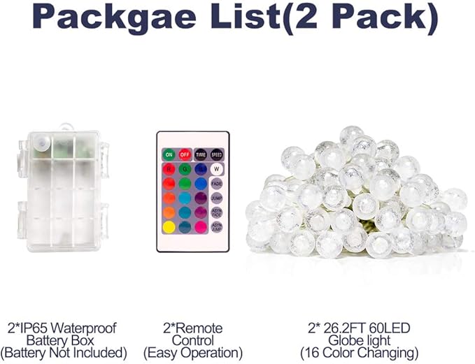 Coloured Globe String Lights Battery Operated,2 Pack 26.2FT 60 LED 16 Colour Changing Water Proof Crystal Ball Outdoor String Lights with Remote Control for Home, Patio,Party, Christmas, Garden Decor