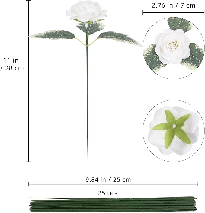 White Roses Artificial Flowers 25pcs Velvet Silk Rose Flowers Heads Fake Rose Flower Head with Stem for DIY Wedding Home Party Baby Shower Decor(White)