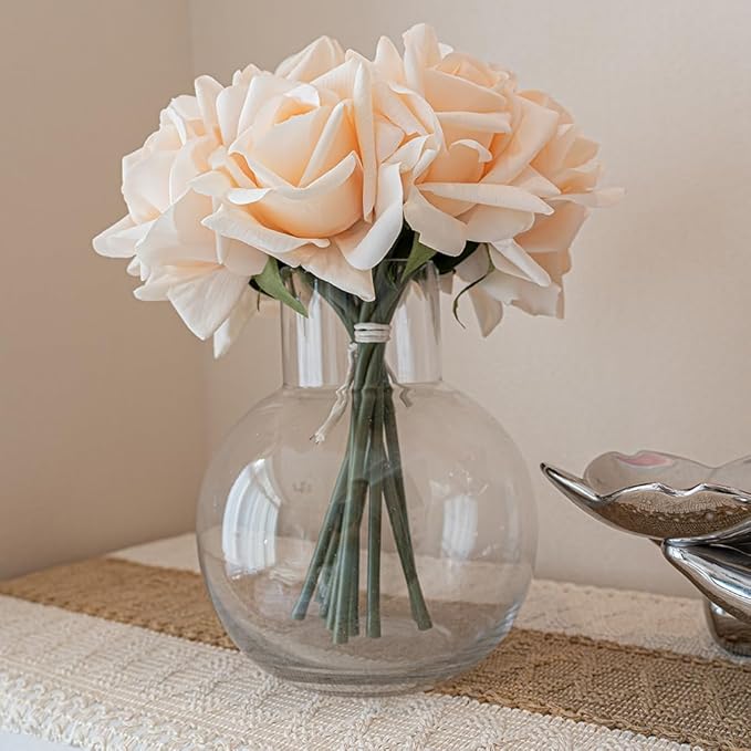 Artificial Roses Single Stem 10pcs Fake Silk Flower Arrangement Bouquet Real Touch for Home Party Wedding Decoration(Champagne)