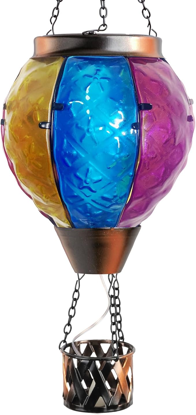 Solar Hot Air Balloon Lantern with Flickering Flame, Hanging Solar Lantern Garden Lights Glass Outdoor Waterproof Candle LED Lights for Garden/Yard/Patio Decor Mother's Day Gifts (Colorful)