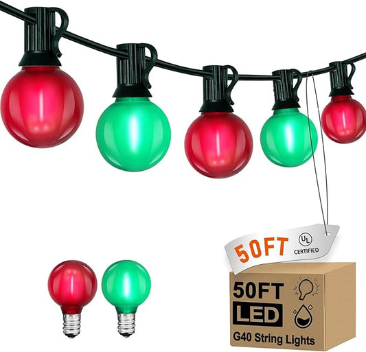 G40 LED Outdoor Christmas String Lights 50FT Hanging Globe String Lights with 27 LED Shatterproof Frosted Red Green Lights(2 Spare), Waterproof Patio String Lights for Balcony Backyard Pergola Decor