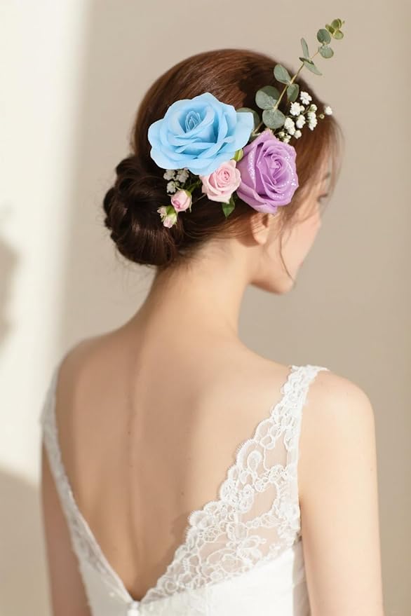 25PCS Artificial Rose Flower Heads Light Blue Rose Flower with Stem Velvet Rose Flowers Heads Bulk for DIY Wedding Home Party Baby Shower Decor(Light Blue)