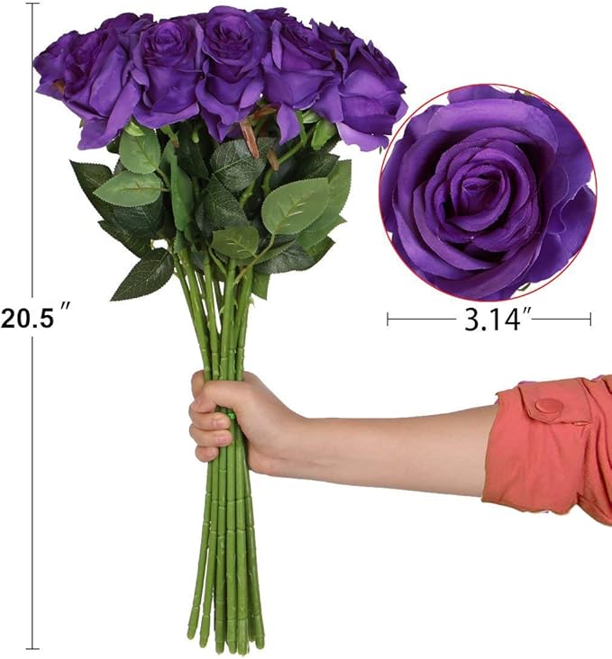 Amzali Artificial Flowers, Real Looking Blush Fake Rose Long Stem Silk Artificial Rose Flower Home Decor for Bridal Wedding Bouquet, Centerpieces Birthday Shower Party Garden floral Arrangement Purple