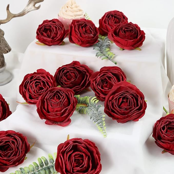 IPOPU Red Silk Roses 25pcs Flower Heads Bulk Artificial for Decoration Fake Dried Floral Bouquet for Wedding Bride Wall Flowers Decorations