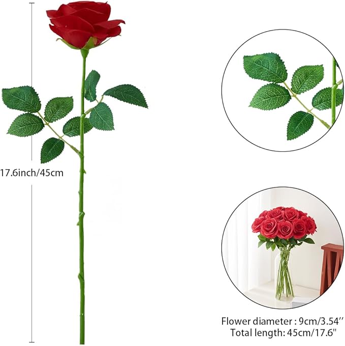 12pcs Roses Artificial Flowers Fake Roses Red Silk Roses Flowers Rose with Long Stems for Wedding Home Party Centerpieces Decorations