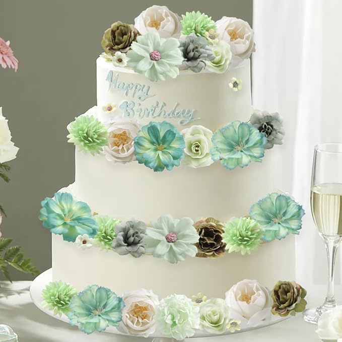 Faux Flower Heads Small Silk Artificial Flower DIY Fake Mini Flowers Rose Daisy Multicolor Flowers Craft Supplies for Wedding Party Wreath Graduation Season Party Home Decor (125, Green)