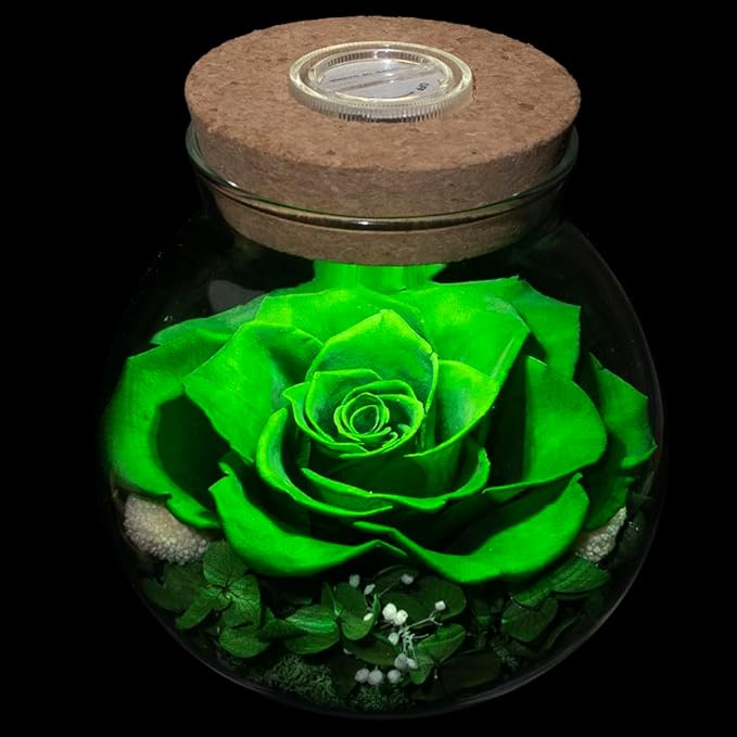 Preserved Real Roses with Colorful Mood Light Wishing Bottle,Eternal Rose,Never Withered Flowers,for Bedroom Party Table Decor, Christmas Decorations,a Gifts for Women 4.3inch1pcs (Green)