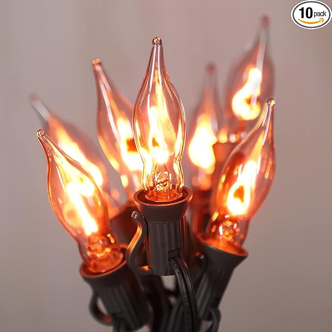 12.8Ft Christmas Lights Flickering Flame String Lights with 12 Pack Clear C7 Flame Light Bulbs(2 Spare), Great for Indoor Outdoor Home Patio Party Christmas Decorations Lights, 1W, E12 Base