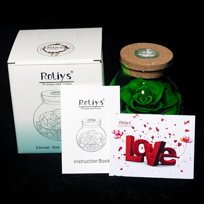 Preserved Real Roses with Colorful Mood Light Wishing Bottle,Eternal Rose,Never Withered Flowers,for Bedroom Party Table Decor, Christmas Decorations,a Gifts for Women 4.3inch1pcs (Green)