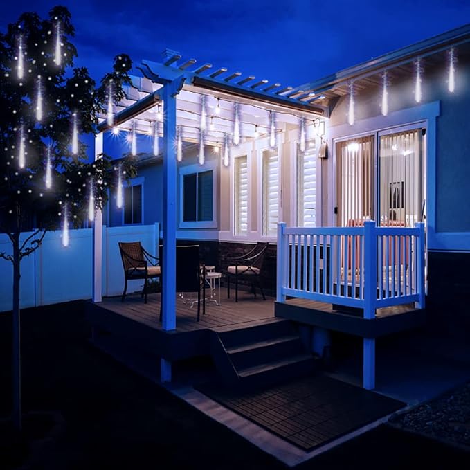 Christmas Lights Outdoor, 12 Inch Led White Meteor Shower Lights, Christmas Decorations Indoor Outdoor for House Party Holiday, Icicle Decor for Tree Xmas Outside Yard, UL