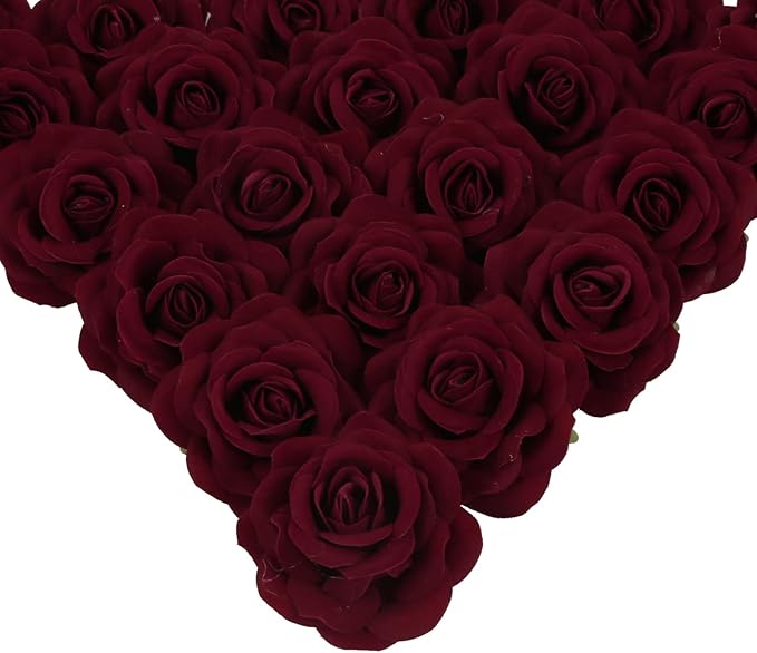 25PCS Faux Rose Flower Head Burgundy Velvet Rose Flowers Fake Flower Heads for DIY Wedding Home Party Baby Shower Decor(Burgundy)