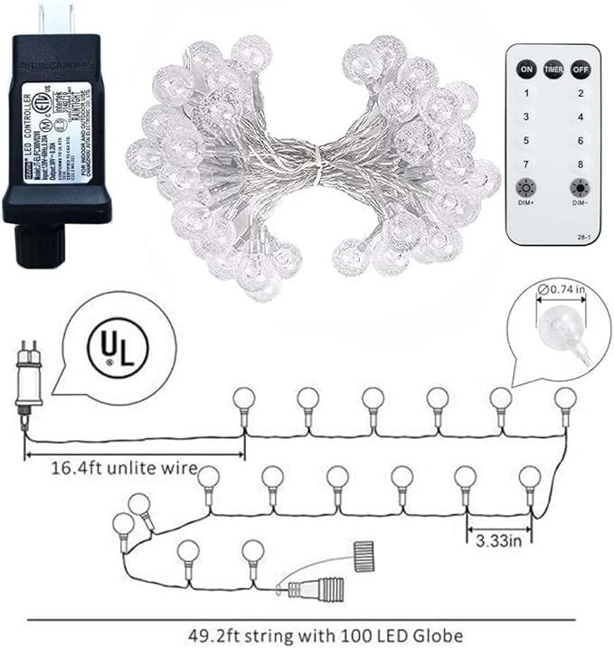 Globe String Lights 49.2 Feet 100 LED, Plug in Crystal Fairy String Lights with Remote Timer, 8 Modes Indoor Outdoor Hanging Globe Lights for Wedding Bedroom Classroom Patio Garden