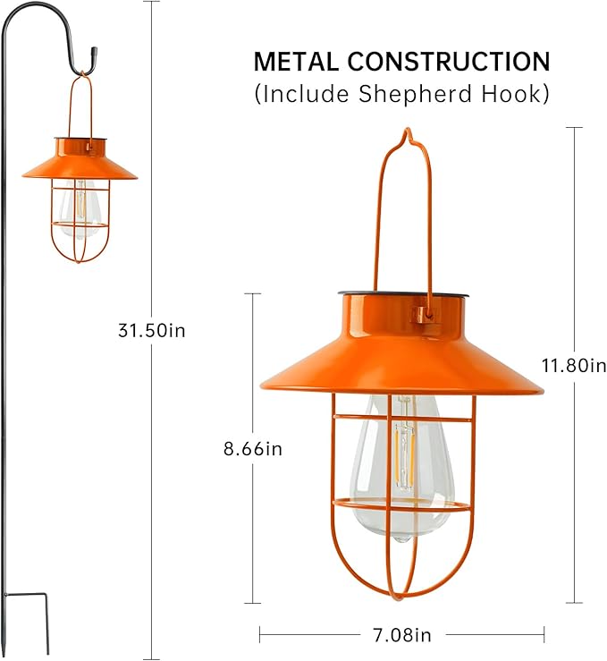 Solar Lights Lantern Lamp with Shepherd Hook, Solar Metal Lanterns, Outdoor Lights Decor,Edison Bulb Lights for Garden ,Outside Decor for Pathways,Patio, Lawn, or Landscaping (Orang)
