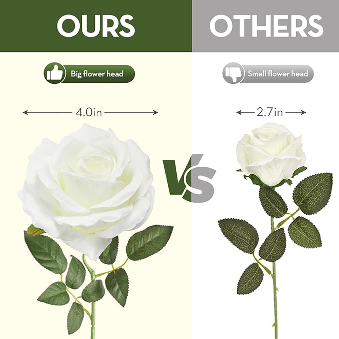 Serwalin 50pcs Artificial White Roses, 4'' Velvet Flower Head Fake Roses Bulk, Real Touch Silk Roses Realistic Bouquet Long Stems Wedding Home Decor and Table Centerpiece