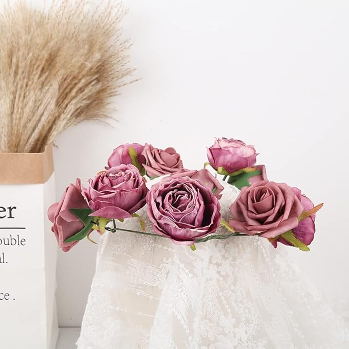 IPOPU Fake Roses 25pcs Vintage Purple Roses Artificial Flower for Decorations Colorful Artificial Roses Silk Flower Heads Bulk with Stems for Wedding Flowers Bouquet Centerpieces (Gradient Purple)