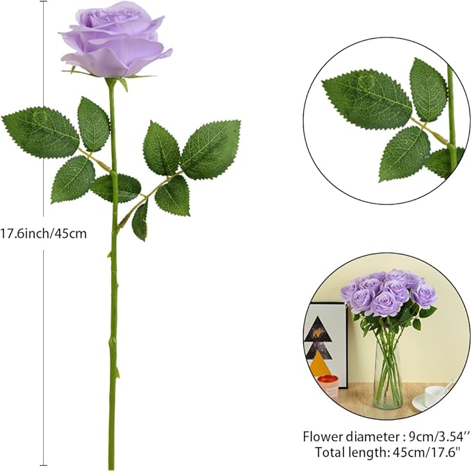 12pcs Light Lavender Roses Artificial Flowers Fake Roses Silk Flowers Roses with Long Stems for Wedding Home Party Centerpieces Decorations