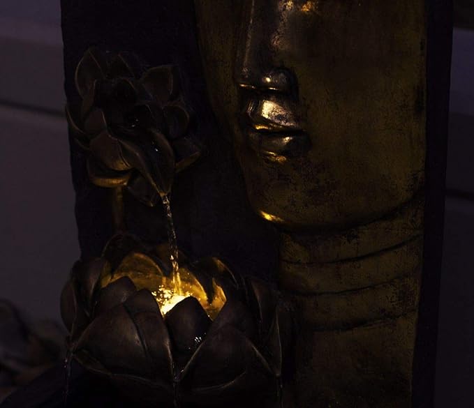 XBrand 30" H Zen Buddha Face Water Fountain w/LED Light & Pump, Indoor/Outdoor Freestanding, Relaxing Zen Décor, Bronze and Natural Grey Polyresin Fountain for Home Patio Garden Backyard