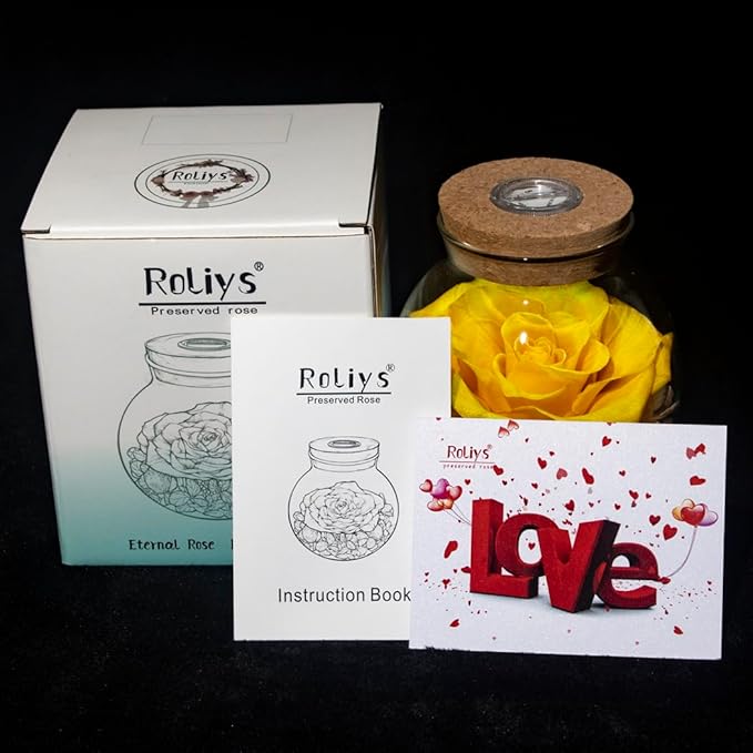Preserved Real Roses with Colorful Mood Light Wishing Bottle,Eternal Rose,Never Withered Flowers, a Gifts for Women 4.3inch 1pcs (Yellow)