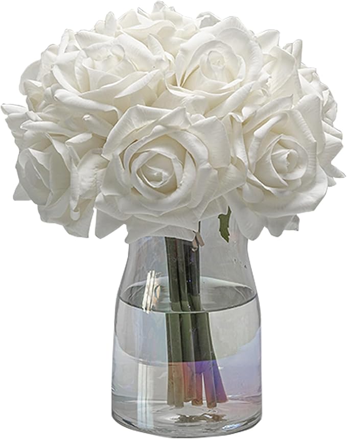Artificial Roses Single Stem 10pcs Fake Silk Flower Arrangement Bouquet Real Touch for Home Party Wedding Decoration(White)