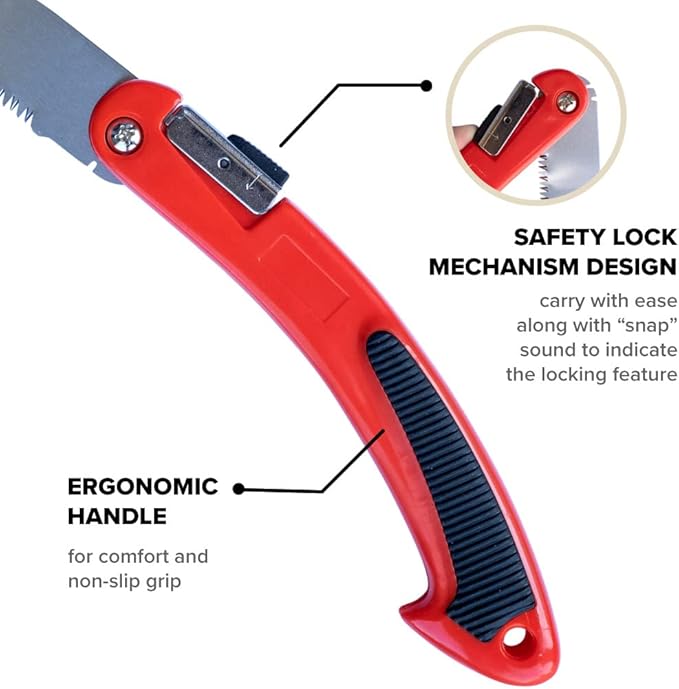 8" Folding Hand Pruning Saw for Gardening, Camping, Wood/Tree Cutting, Made with Heavy Duty SK-5 Steel (Red)