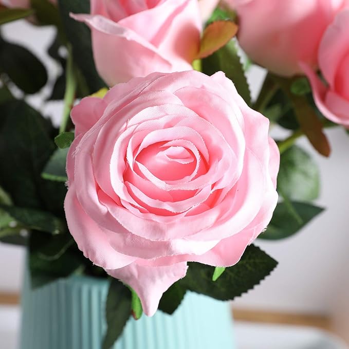 Hawesome 12PCS Artificial Silk Flowers Realistic Roses Bouquet Long Stem for Home Wedding Decoration Party (Pink -1) 1