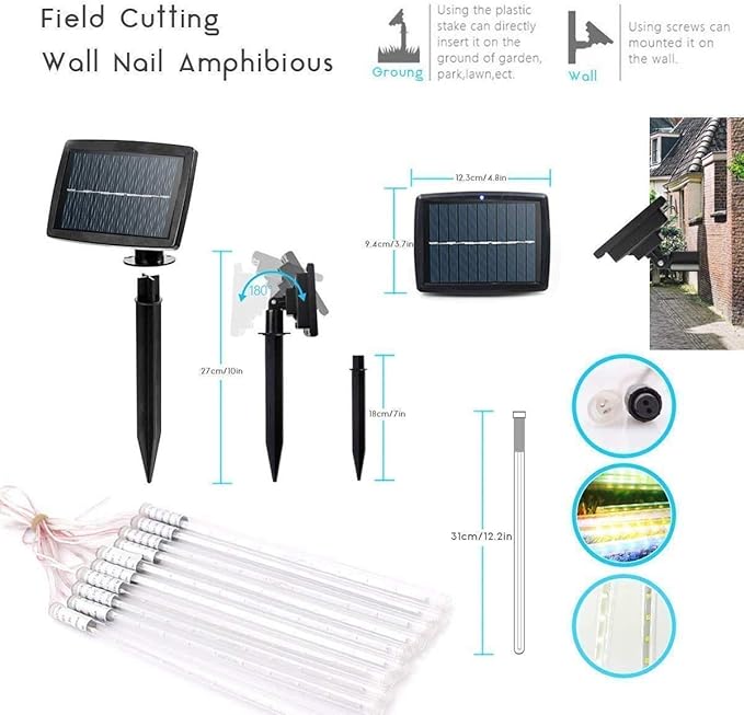 LED Meteor Shower Solar Lights Outdoor, Waterproof Garden Lights 30cm 10 Tubes 360LEDs Falling Lights Raindrop Lights,Holiday Party Wedding Christmas Tree Decoration String Lights (Blue)