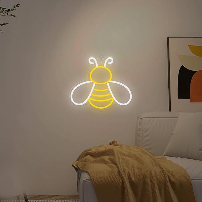 Bee Neon Sign - Dimmable Honey Neon Light Wall Decor, Birthday Party Decorations for Home, Patio, Garden, Bars, Hotels, Stores - Gift for Friends, Family, and Kids