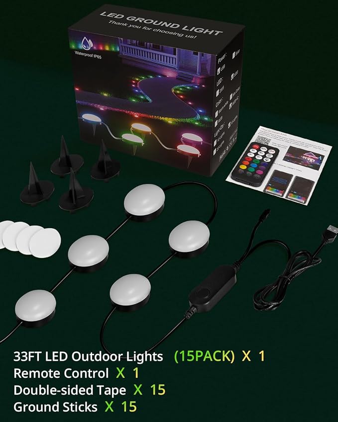 Outdoor Ground Lights, 33ft RGB+IC Outdoor Lights for Patio, 15 Pack Pathway Lights with App Bluetooth Control, LED Patio Lights with IP65 Waterproof for Garden Decor, Mulitiple Scene Modes
