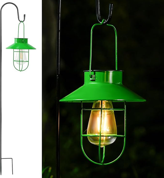 Solar Lights Lantern Lamp with Shepherd Hook, Solar Metal Lanterns, Outdoor Lights Decor,Edison Bulb Lights for Garden ,Outside Decor for Pathways,Patio, Lawn, or Landscaping(Green)
